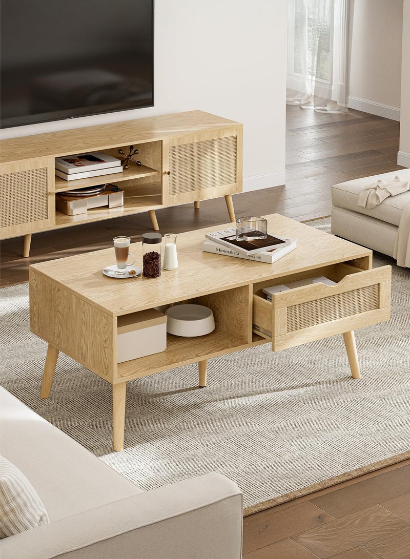 Yanara Coffee Table with Storage, Boho Dining Table with Rattan Drawer and Solid Wood Legs, Small Coffee Tables for Living Room, Oak - Image 2