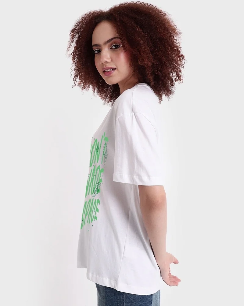 bewakoof Women's White Don't Invade Graphic Printed Oversized T-shirt