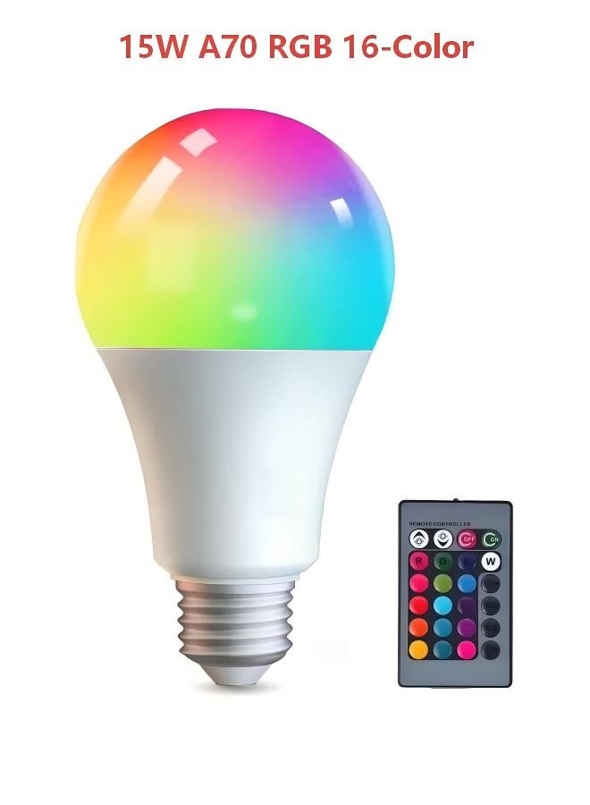 مصابيح LED متغيرة الألوان (RGB) بقدرة 15 واط (طراز A70)، مزودة بجهاز تحكم عن بُعد وخاصية حفظ الإعدادات - تدعم 16 لوناً وضوءاً أبيض بدرجة حرارة 6500 كلفن، وقاعدة لولبية E27، مع إمكانية التحكم في شدة الإضاءة؛ مثالية لغرف النوم والحفلات والديكور المنزلي. - Image 1