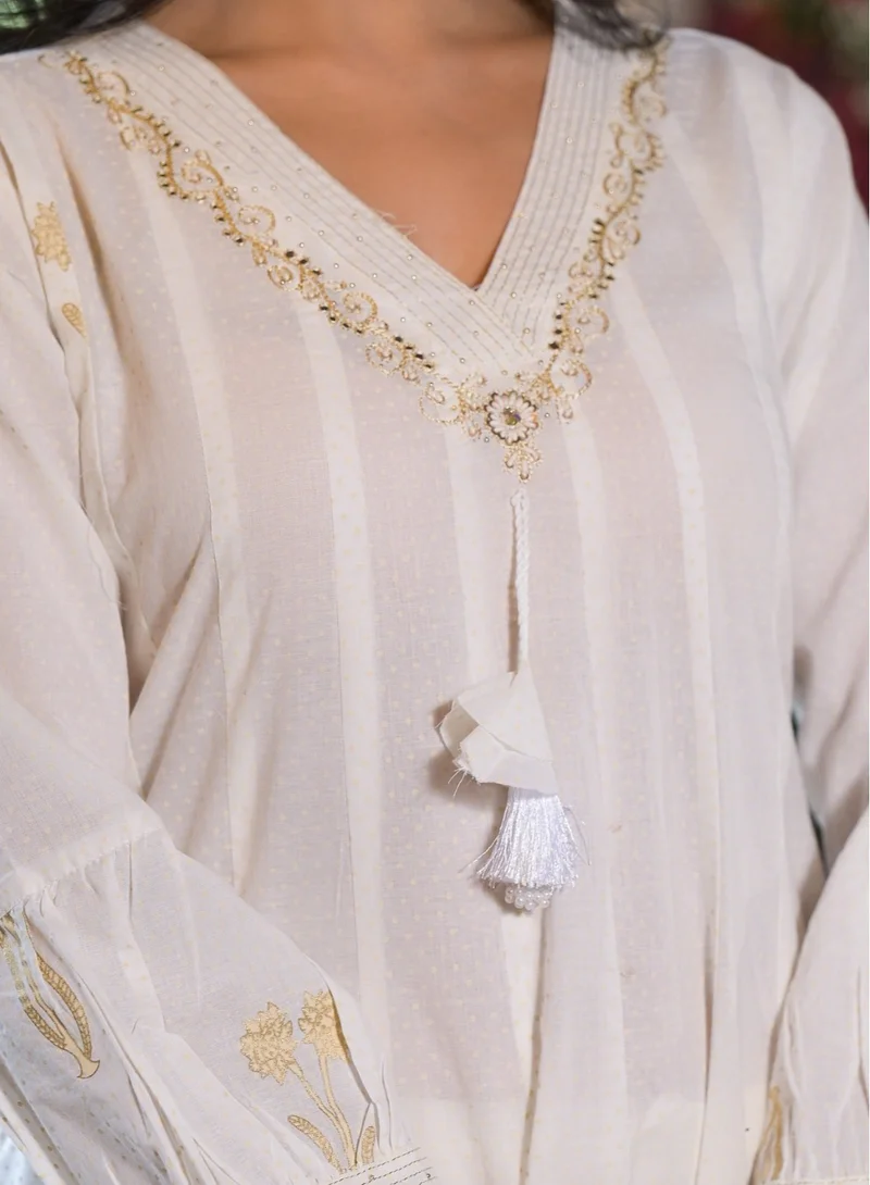Studio blue Ivory White Flared Embroidered Three-Piece Set