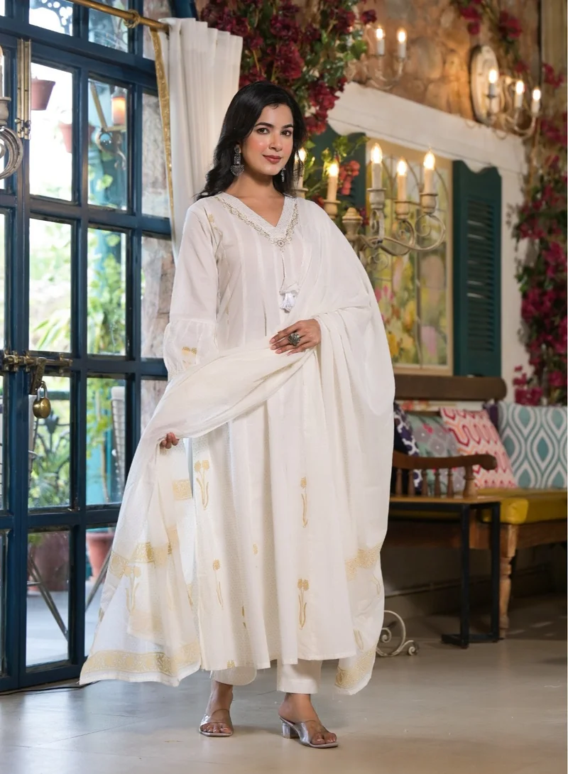 Studio blue Ivory White Flared Embroidered Three-Piece Set