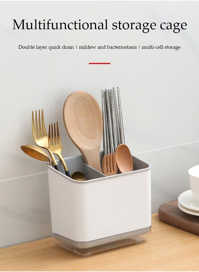 DUNISO - Kitchen cutlery rack, multifunctional household storage box with three compartments and drain pan, detachable, suitable for storing chopsticks, spoons and forks, 15 * 10 * 14cm - Image 1
