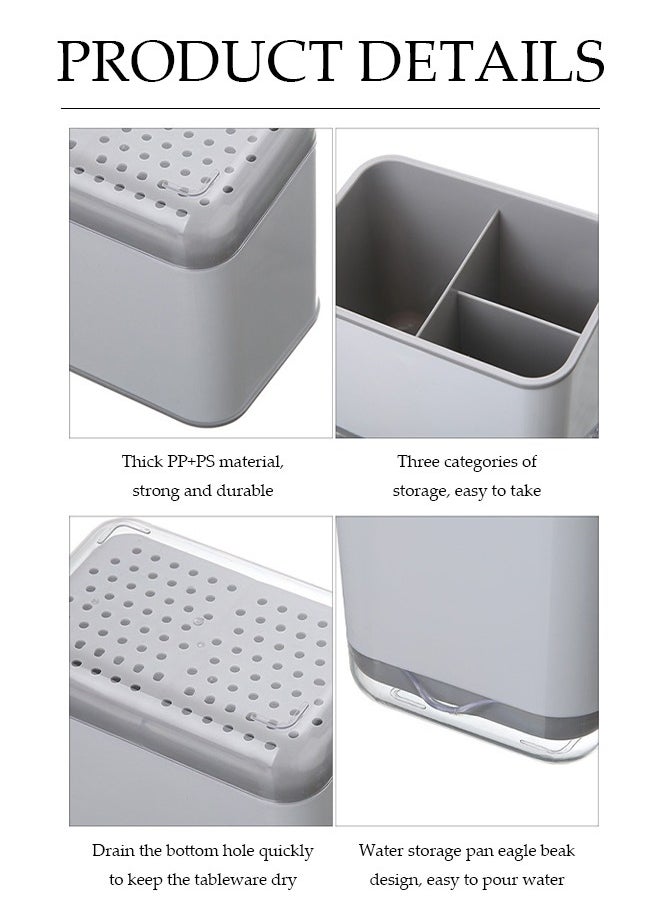 DUNISO - Kitchen cutlery rack, multifunctional household storage box with three compartments and drain pan, detachable, suitable for storing chopsticks, spoons and forks, 15 * 10 * 14cm - Image 1