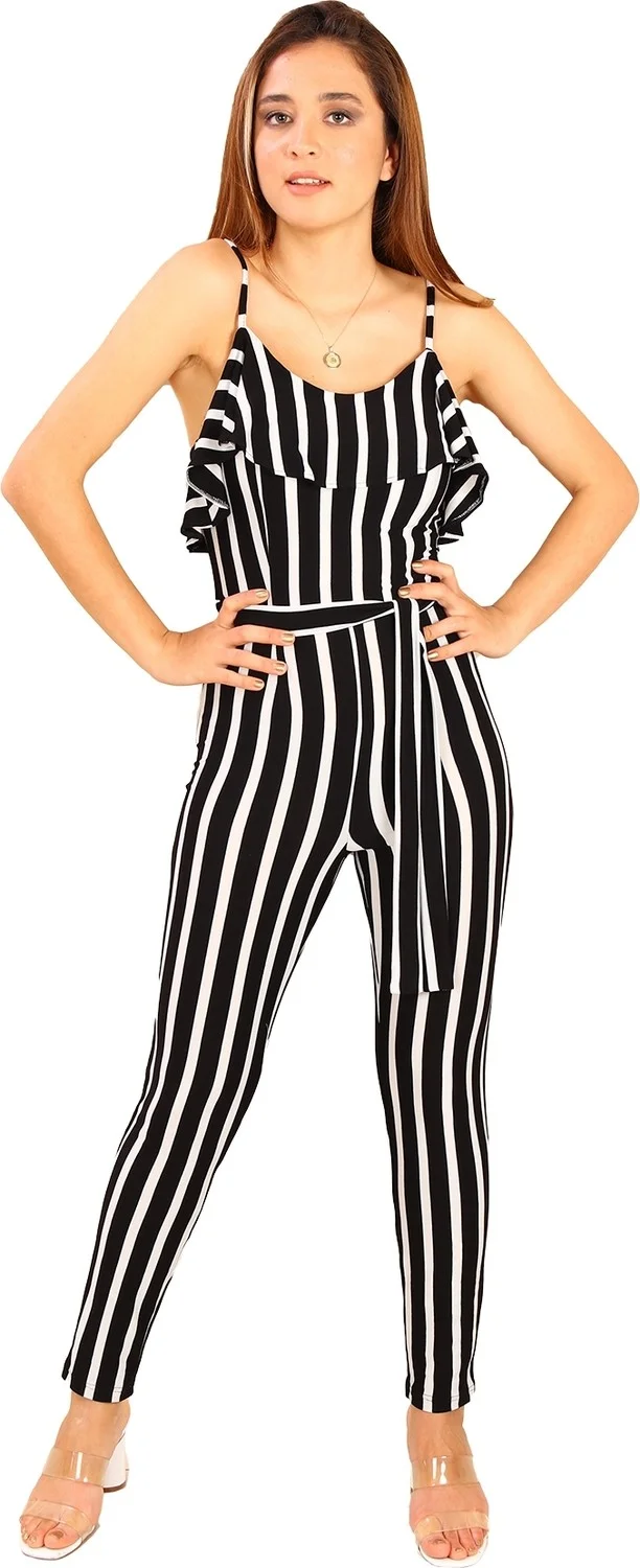 Alexander Gardi Thick Striped Strap Frilly Jumpsuit Navy Blue-White (BYN135102)