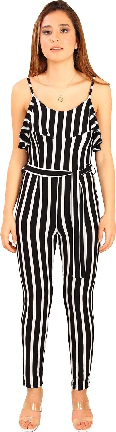 Alexander Gardi Thick Striped Strap Frilly Jumpsuit Navy Blue-White (BYN135102)
