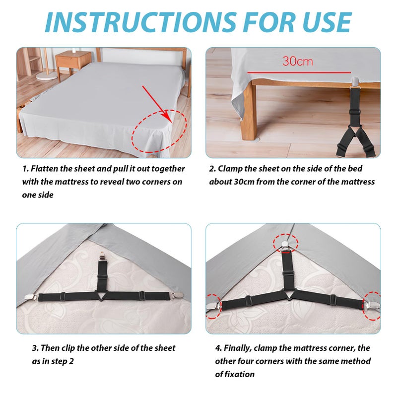 Mugath Bed Sheet Clips ǀ Fitted Sheet Straps Grippers Holders Keep Your Bed Sheet Stay in Place ǀ Elastic Adjustable Fitted Sheet Clips Suspenders Suitable for All Bedding - Image 4