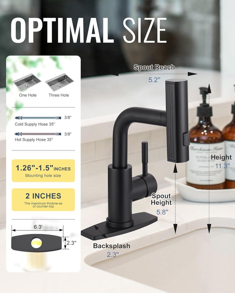 ALEASHA Bar Sink Faucet Single Hole, 3 Water Modes Wet Bar Faucets with Pull Out Sprayer, Prep Sink Faucet 360 Swivel for Small Kitchen Bathroom Faucets with cUPC Supply Lines, Matte Black - Image 2