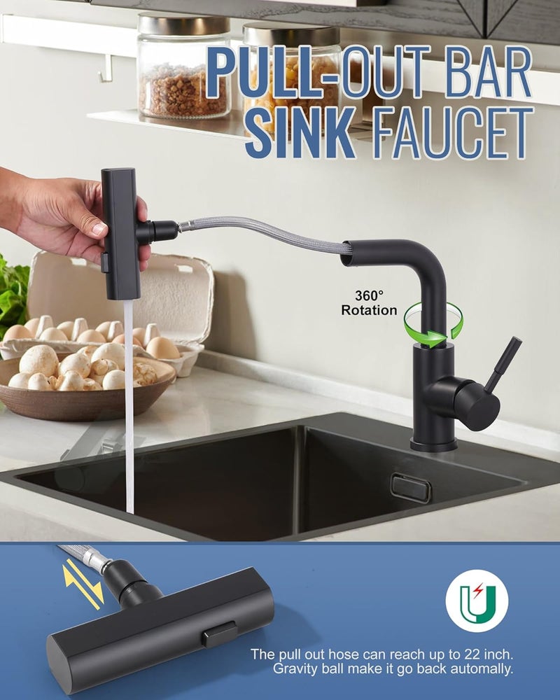 ALEASHA Bar Sink Faucet Single Hole, 3 Water Modes Wet Bar Faucets with Pull Out Sprayer, Prep Sink Faucet 360 Swivel for Small Kitchen Bathroom Faucets with cUPC Supply Lines, Matte Black - Image 4