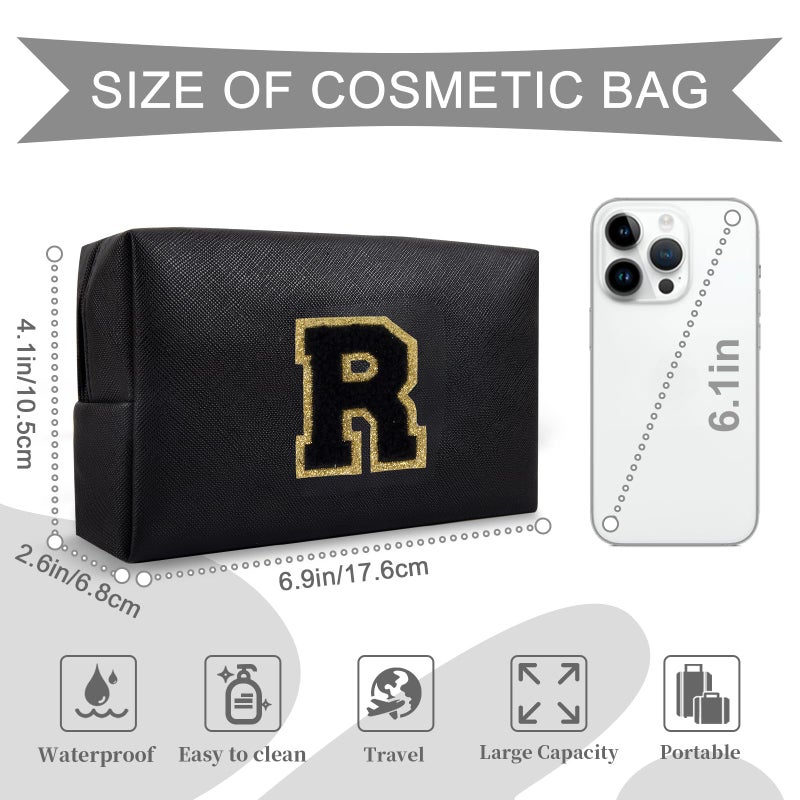 ChaoGreat Personalized Initial A-Z Preppy Patch Makeup Bag Small Pu Chenille Letter Cosmetic Bag With Zipper For Teen Girls Black Cute Toiletry Organizer Bag Monogram Makeup Case Gift For Women Girls Letter R - Image 2