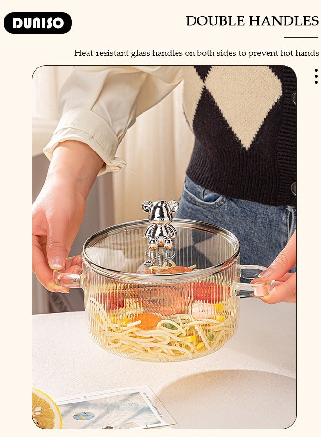 Glass Cooking Pot Saucepan with Cover, 1600ml Heat Resistant Glass Cookware Stovetop Pot, Glass Stovetop Pot Safe with Handle, The Best Handmade Glass Cookware Set Cooktop Safe for Soup, Milk, Noodle, Soup