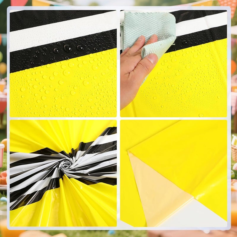 Oudain 6 Pcs Striped Tablecloth 108 x 54 Inch Disposable Plastic Table Cloth Waterproof Tablecloth Rectangle Table Cover for Birthday Wedding Bridal Party Supplies (Black White Yellow) - Image 3