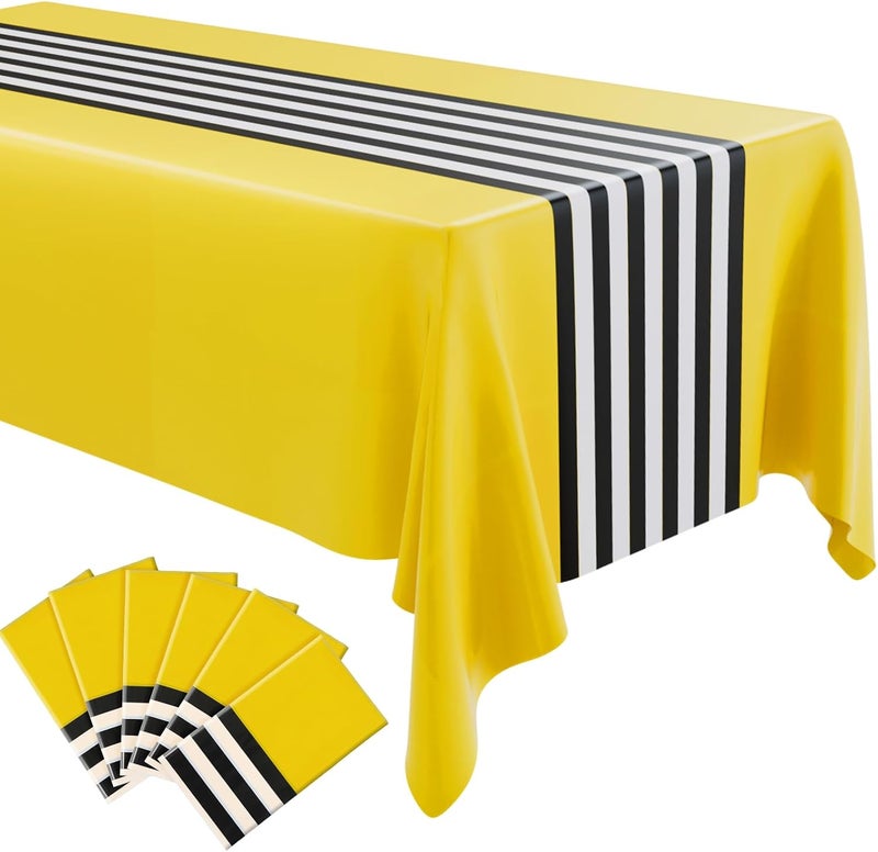 Oudain 6 Pcs Striped Tablecloth 108 x 54 Inch Disposable Plastic Table Cloth Waterproof Tablecloth Rectangle Table Cover for Birthday Wedding Bridal Party Supplies (Black White Yellow) - Image 1