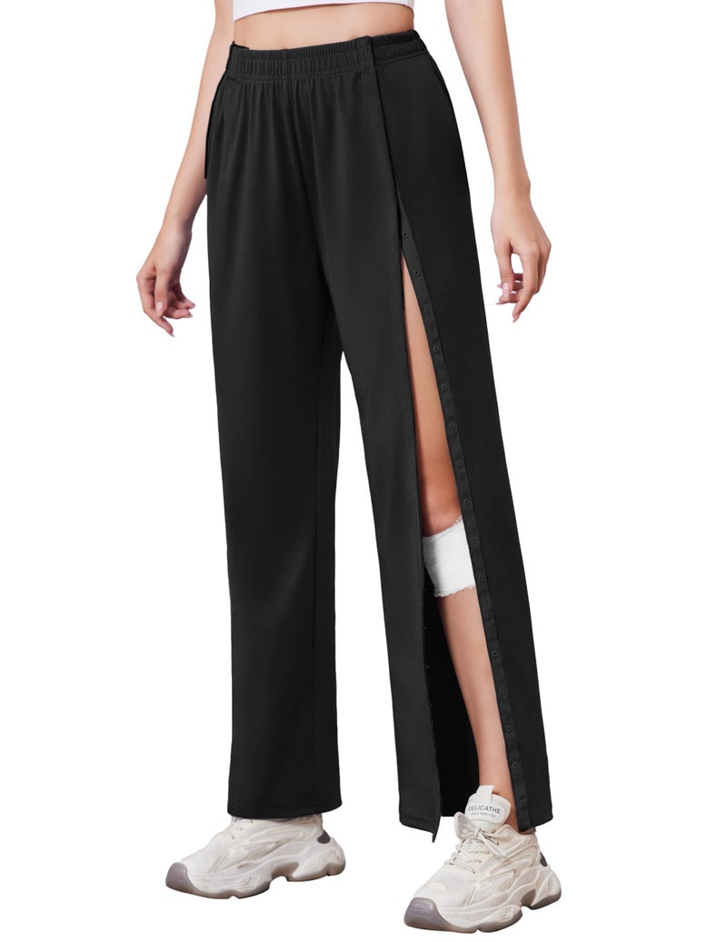 Deyeek Tear Away Pants for Women Side Slit Snap Sweatpants Loose Fit Post Surgery Casual Adaptive Clothing with Pockets Black - Image 1