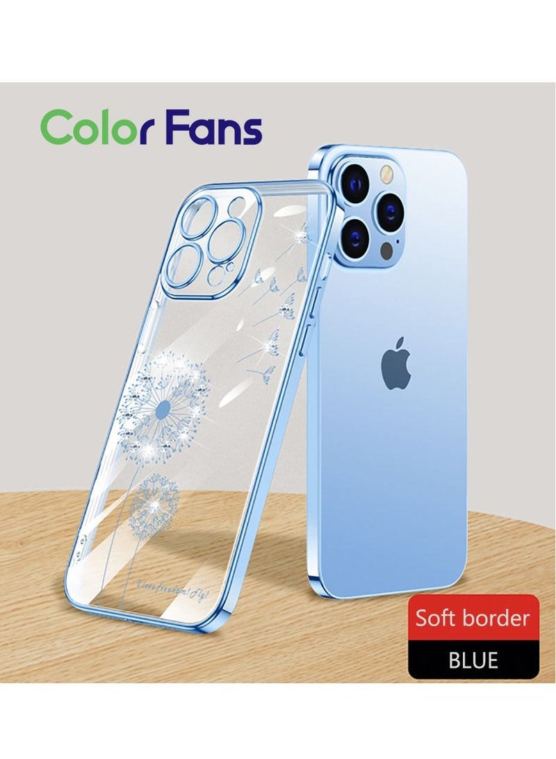 Color Fans Electroplated Shiny Holographic Diamond Phone Case for iPhone 14 Pro Max Full Soft Cover Blue