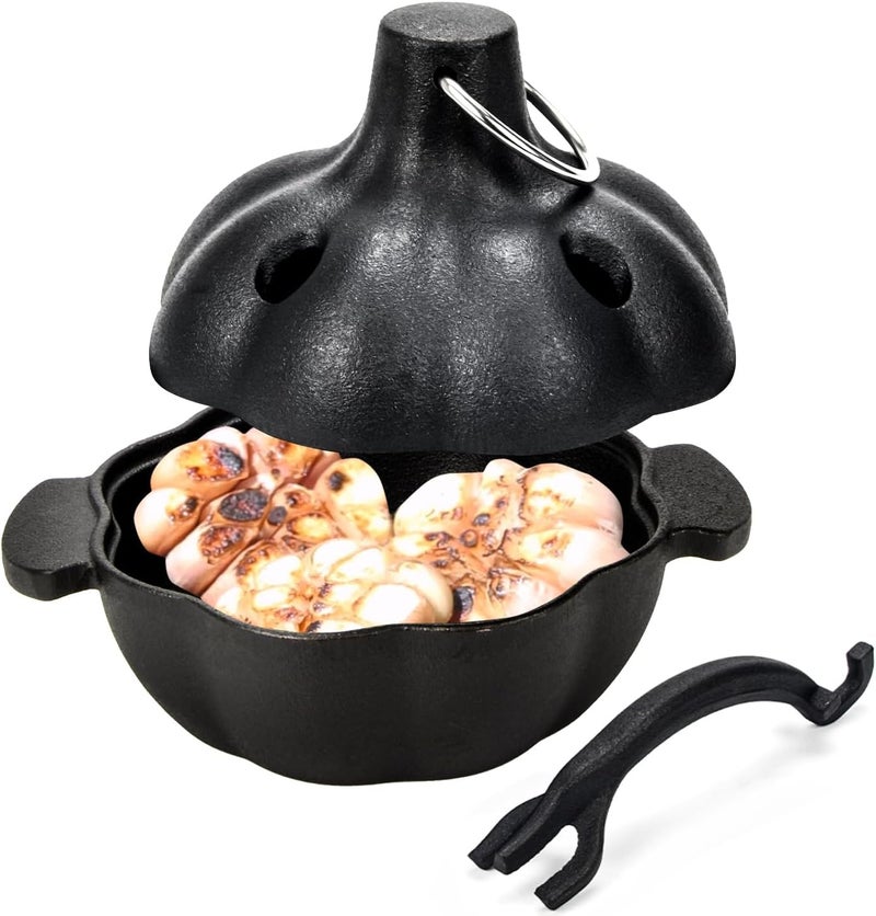 IPROUDER Cast Iron Garlic Roaster with Handle, Smoker Roaster, Garlic Cooker, Garlic Baker, Garlic Roasting Pot, Potato Baker, Mini Cocotte, Used in the Kitchen Oven or Outdoors on a BBQ Grill Stove - Image 1