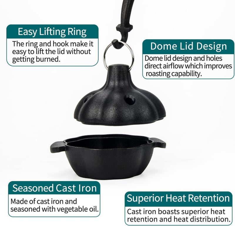 IPROUDER Cast Iron Garlic Roaster with Handle, Smoker Roaster, Garlic Cooker, Garlic Baker, Garlic Roasting Pot, Potato Baker, Mini Cocotte, Used in the Kitchen Oven or Outdoors on a BBQ Grill Stove - Image 4