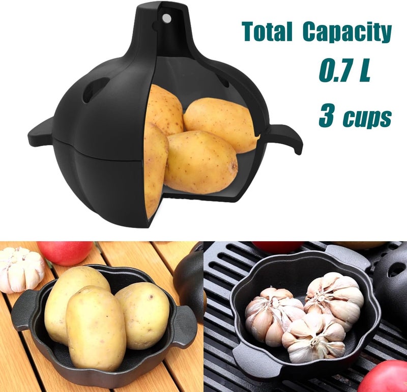 IPROUDER Cast Iron Garlic Roaster with Handle, Smoker Roaster, Garlic Cooker, Garlic Baker, Garlic Roasting Pot, Potato Baker, Mini Cocotte, Used in the Kitchen Oven or Outdoors on a BBQ Grill Stove - Image 3