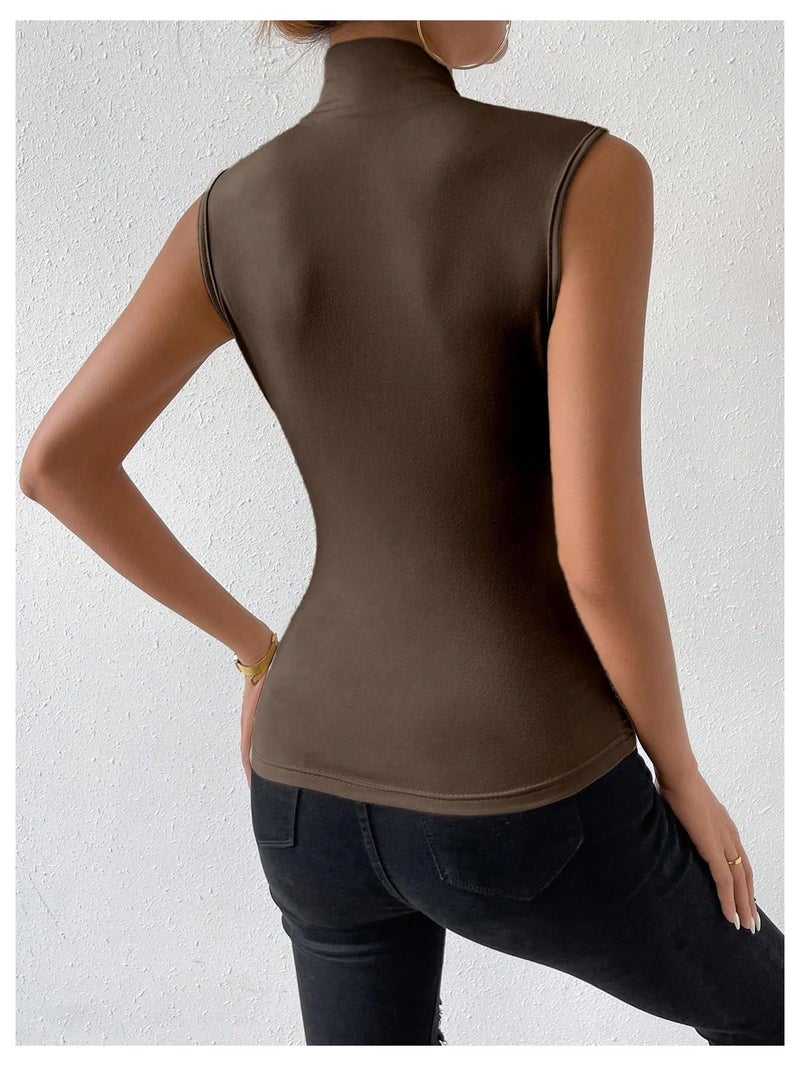 SweatyRocks Women's Ruched Wrap Mock Neck Tank Tops Casual Sleeveless Solid Slim Fit Tank Top Brown Medium - Image 2