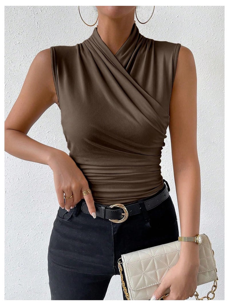 SweatyRocks Women's Ruched Wrap Mock Neck Tank Tops Casual Sleeveless Solid Slim Fit Tank Top Brown Medium - Image 3