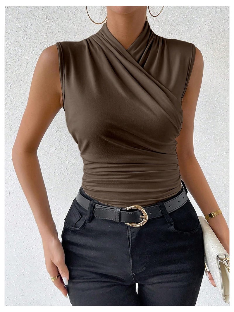 SweatyRocks Women's Ruched Wrap Mock Neck Tank Tops Casual Sleeveless Solid Slim Fit Tank Top Brown Medium - Image 5