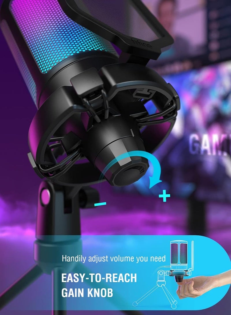 Gaming USB Microphone for PC PS5, Condenser Mic with Quick Mute, RGB Indicator, Tripod Stand, Pop Filter, Shock Mount, Gain Control for Streaming Discord Twitch Podcasts Videos- AmpliGame - Image 4