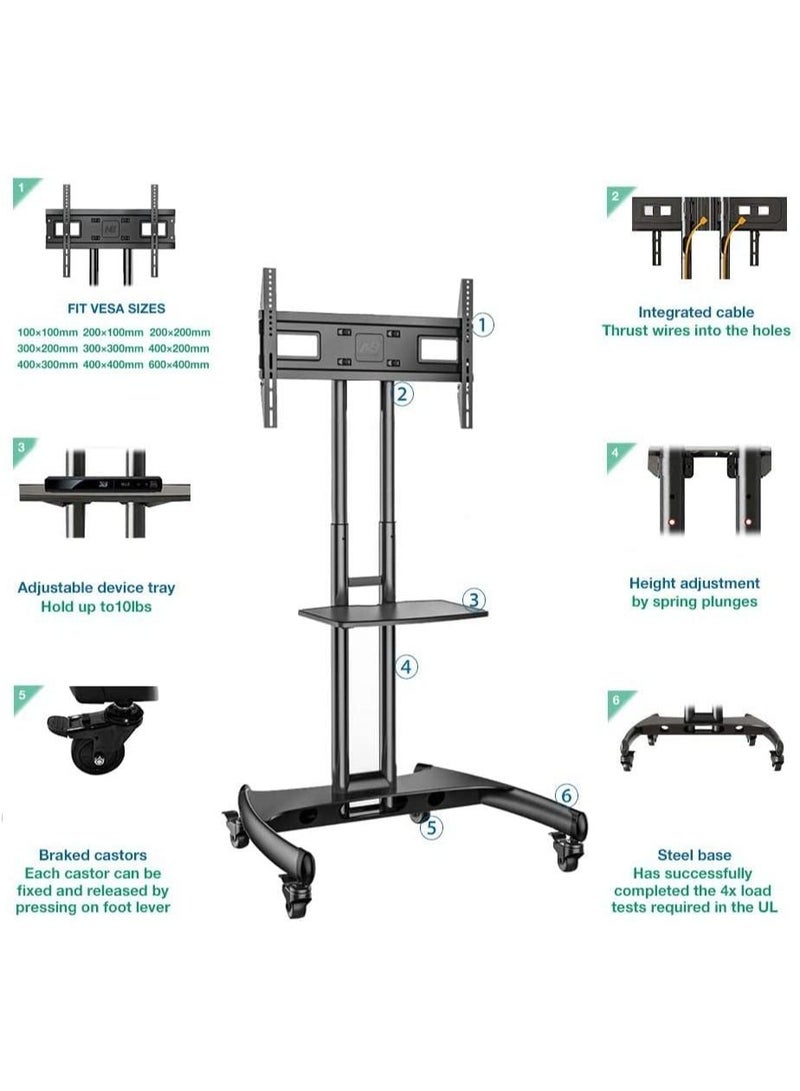 ELTRAZONE عربة تلفاز متنقلة مع عجلات قابلة للقفل لشاشات تلفاز بلازما LCD LED مسطحة أو منحنية من 32 إلى 70 بوصة حتى 100 رطل - ارتفاع قابل للتعديل (32-70 بوصة) - Image 5