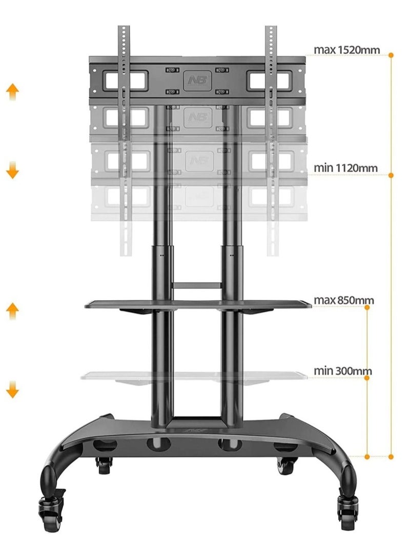 ELTRAZONE عربة تلفاز متنقلة مع عجلات قابلة للقفل لشاشات تلفاز بلازما LCD LED مسطحة أو منحنية من 32 إلى 70 بوصة حتى 100 رطل - ارتفاع قابل للتعديل (32-70 بوصة) - Image 2