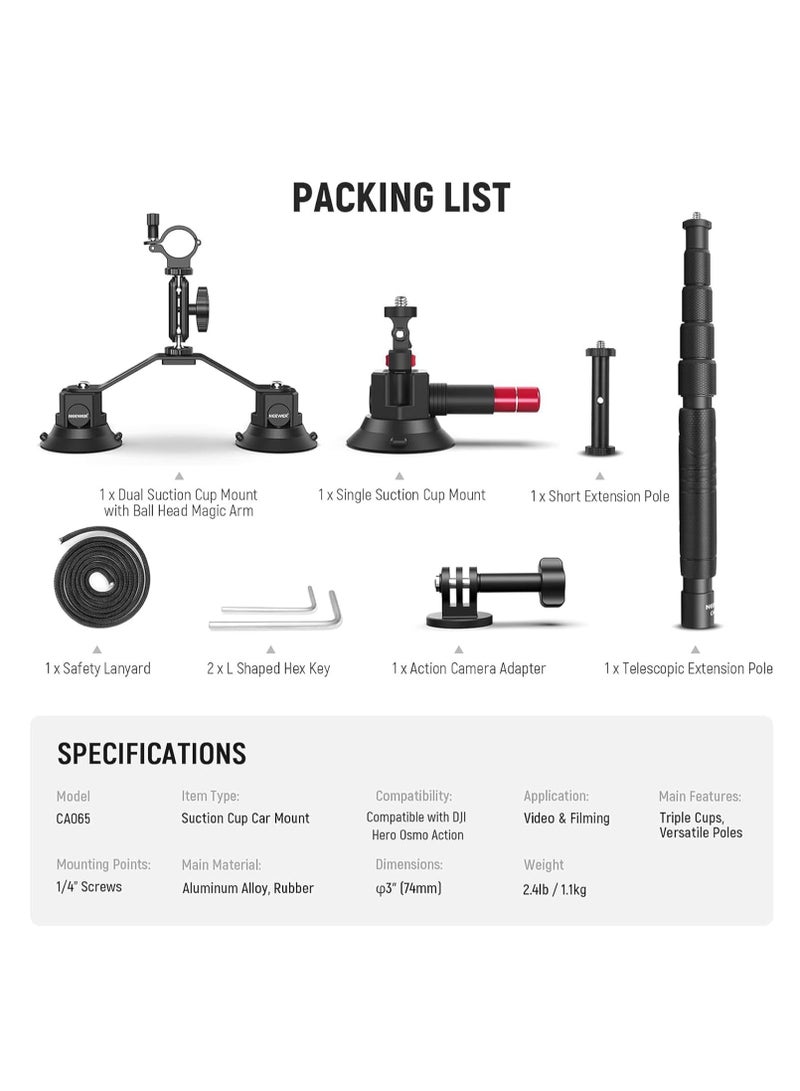 NEEWER Triple Suction Cup Car Mount Kit CA065 with 3-in-1 Extension Pole, Magic Arm & Action Camera Adapter – Compatible with GoPro, Insta360 - Image 2