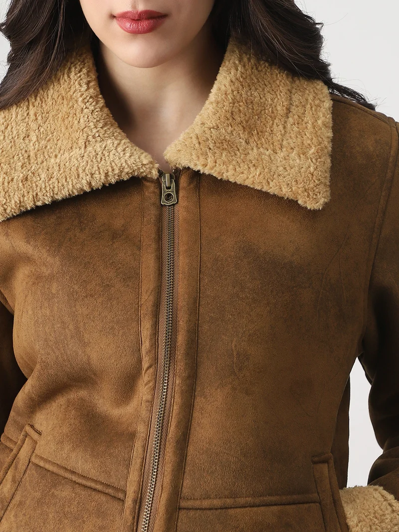 globus Globus Women Tan Faux Fur Spread Collar Front Zip 2 Pockets Suede Winterwear Jacket
