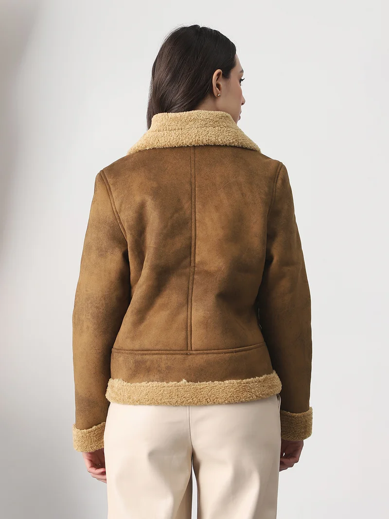 globus Globus Women Tan Faux Fur Spread Collar Front Zip 2 Pockets Suede Winterwear Jacket
