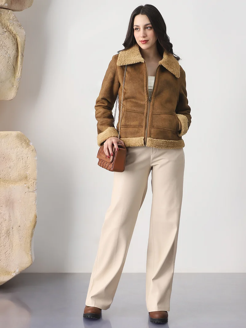 globus Globus Women Tan Faux Fur Spread Collar Front Zip 2 Pockets Suede Winterwear Jacket