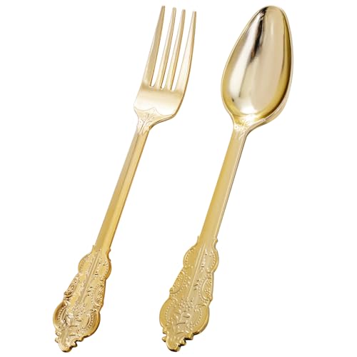BUCLA 200 Piece Gold Plastic Silverware Baroque Style Gold Plastic Forks and Spoons 100 Forks and 100 Spoons for Weddings Parties Thanksgiving - Image 2
