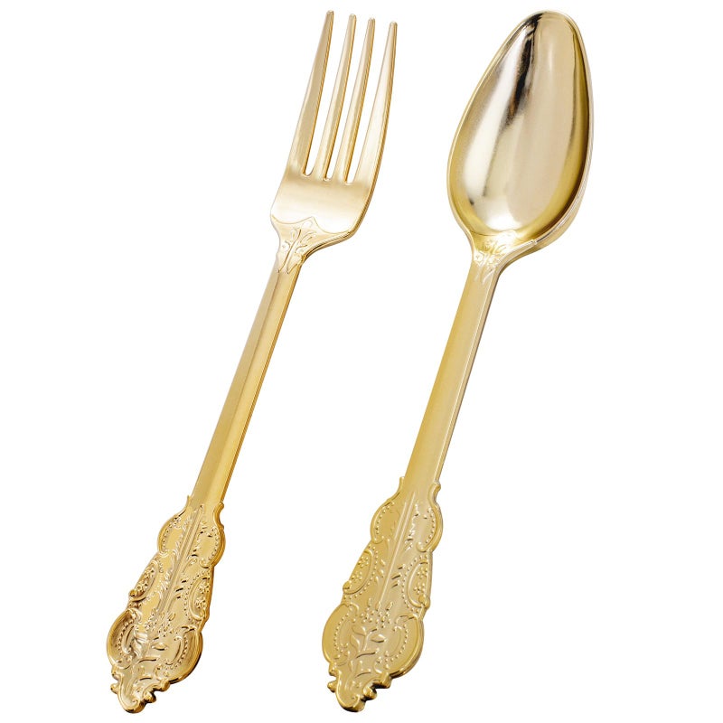 BUCLA 200 Piece Gold Plastic Silverware Baroque Style Gold Plastic Forks and Spoons 100 Forks and 100 Spoons for Weddings Parties Thanksgiving - Image 3