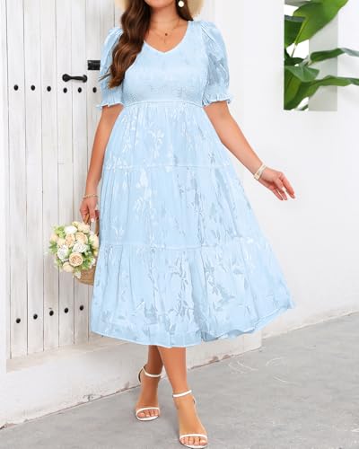 Talisea Plus Size Light Blue Summer Dress V Neck Floral Smocked Puff Short Sleeve Wedding Guest Spring Easter Midi Dresses - Image 2