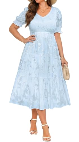 Talisea Plus Size Light Blue Summer Dress V Neck Floral Smocked Puff Short Sleeve Wedding Guest Spring Easter Midi Dresses - Image 1