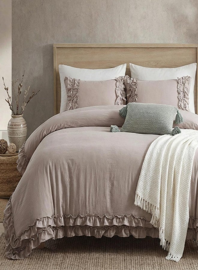 Bedorm Taupe Duvet Cover Set Queen Ruffle Bedding Set Pleat Ruffled Shabby Chic Comforter Cover Extra Soft & Easy Care Boho Duvet Cover with Zipper Closure - Image 1