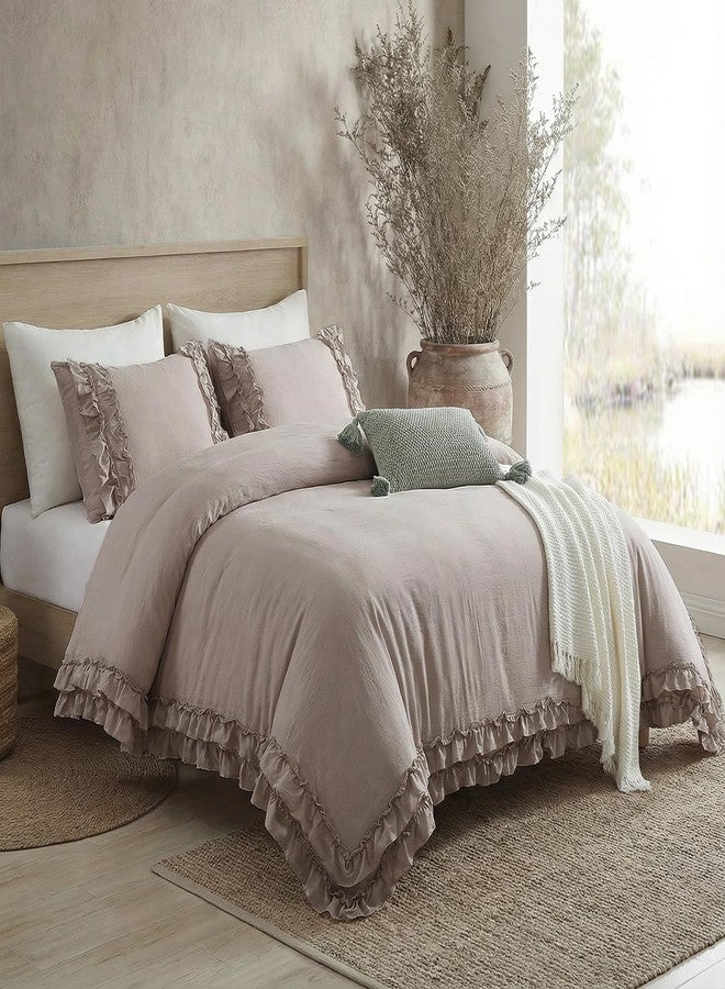 Bedorm Taupe Duvet Cover Set Queen Ruffle Bedding Set Pleat Ruffled Shabby Chic Comforter Cover Extra Soft & Easy Care Boho Duvet Cover with Zipper Closure - Image 2