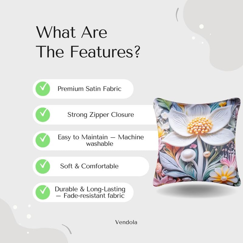 Vendola 3D Decorative Satin Sofa Cushion Covers Set of 5, 12 inch x 12 inch, Sofa Pillow Cover, Pink and White, Floral Design, Zipper Closure (Dreamscape, 12X12 Inches) - Image 2