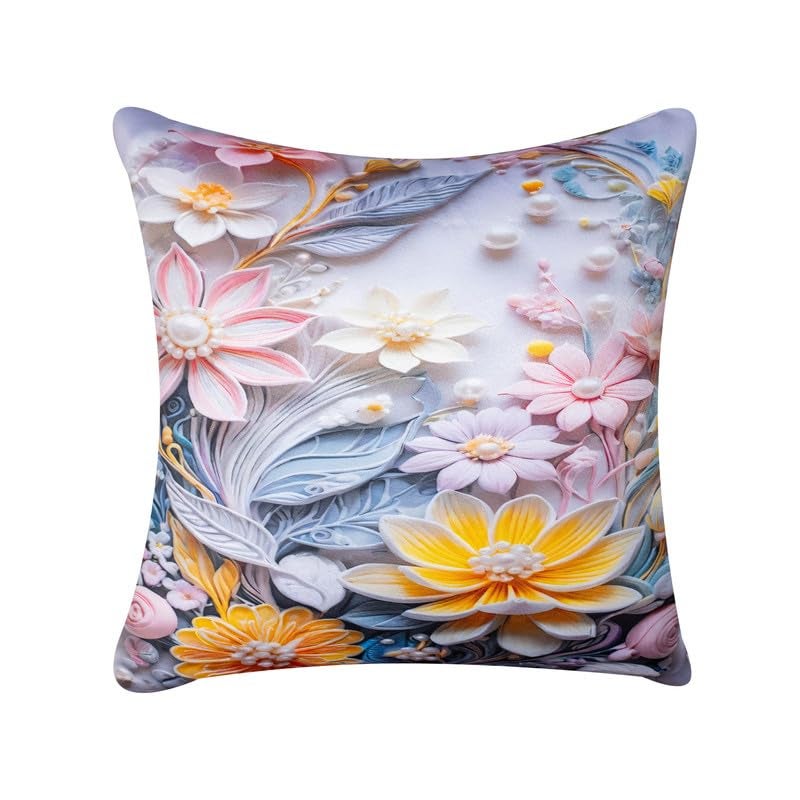 Vendola 3D Decorative Satin Sofa Cushion Covers Set of 5, 12 inch x 12 inch, Sofa Pillow Cover, Pink and White, Floral Design, Zipper Closure (Dreamscape, 12X12 Inches) - Image 5