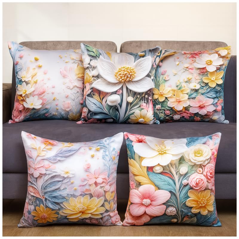 Vendola 3D Decorative Satin Sofa Cushion Covers Set of 5, 12 inch x 12 inch, Sofa Pillow Cover, Pink and White, Floral Design, Zipper Closure (Dreamscape, 12X12 Inches) - Image 1