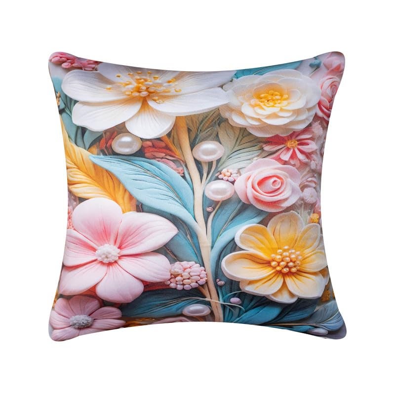 Vendola 3D Decorative Satin Sofa Cushion Covers Set of 5, 12 inch x 12 inch, Sofa Pillow Cover, Pink and White, Floral Design, Zipper Closure (Dreamscape, 12X12 Inches) - Image 4