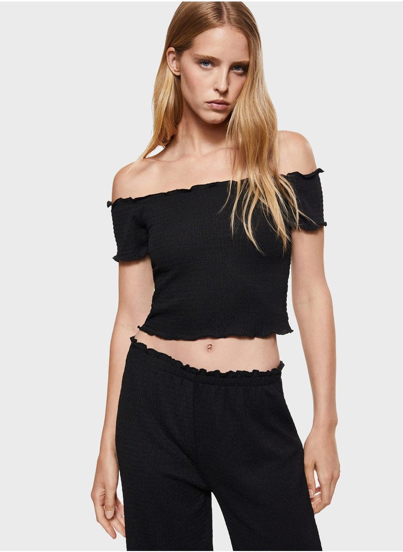 MANGO - Ribbed Bardot Crop Top - Image 1