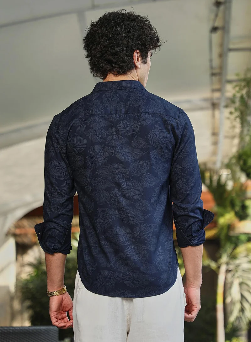 Campus Sutra Men's Navy Blue Shadowed Foliage Shirt