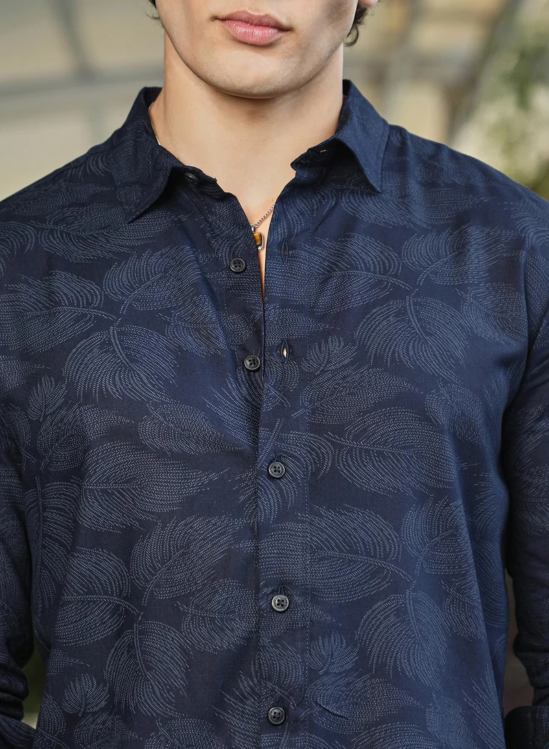Campus Sutra Men's Navy Blue Shadowed Foliage Shirt