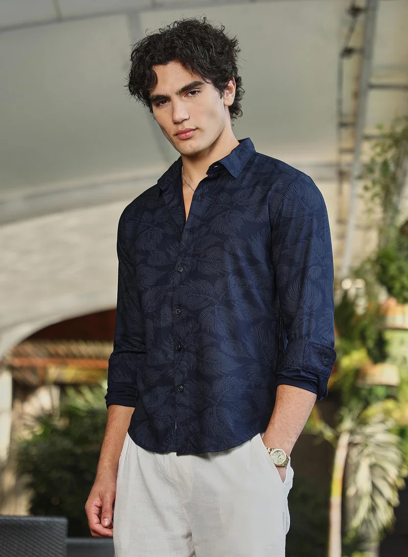 Campus Sutra Men's Navy Blue Shadowed Foliage Shirt