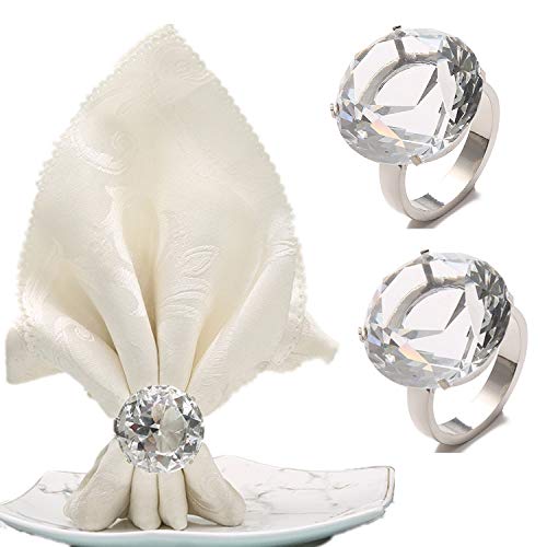 FKSWTV Bling Big Diamond Ring Napkin Rings Set of 6 Crystal Rhinestone Sparkle Bling Huge Napkin Holders Heavy Sturdy Summer Wedding Engagement Decoration Silver 6 - Image 1