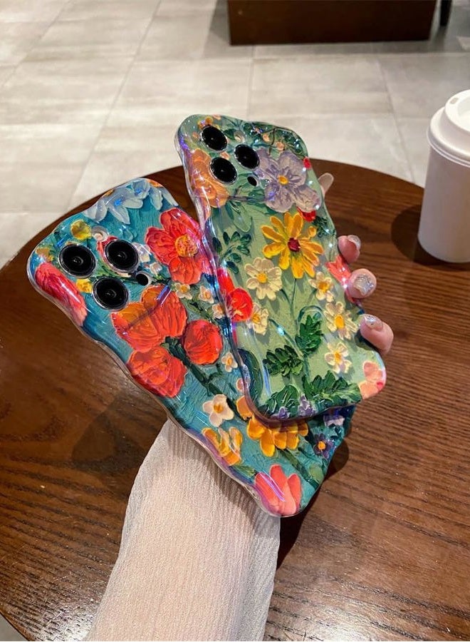 Amytor for iPhone 14 Pro Max Case, Colorful Retro Oil Painting Printed Flower Laser Glossy Pattern Cute Curly Wave Edge Exquisite Phone Cover Stylish Durable TPU Protective Case (Purple Yellow White) - Image 5