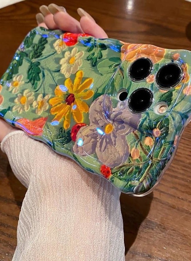 Amytor for iPhone 14 Pro Max Case, Colorful Retro Oil Painting Printed Flower Laser Glossy Pattern Cute Curly Wave Edge Exquisite Phone Cover Stylish Durable TPU Protective Case (Purple Yellow White) - Image 3