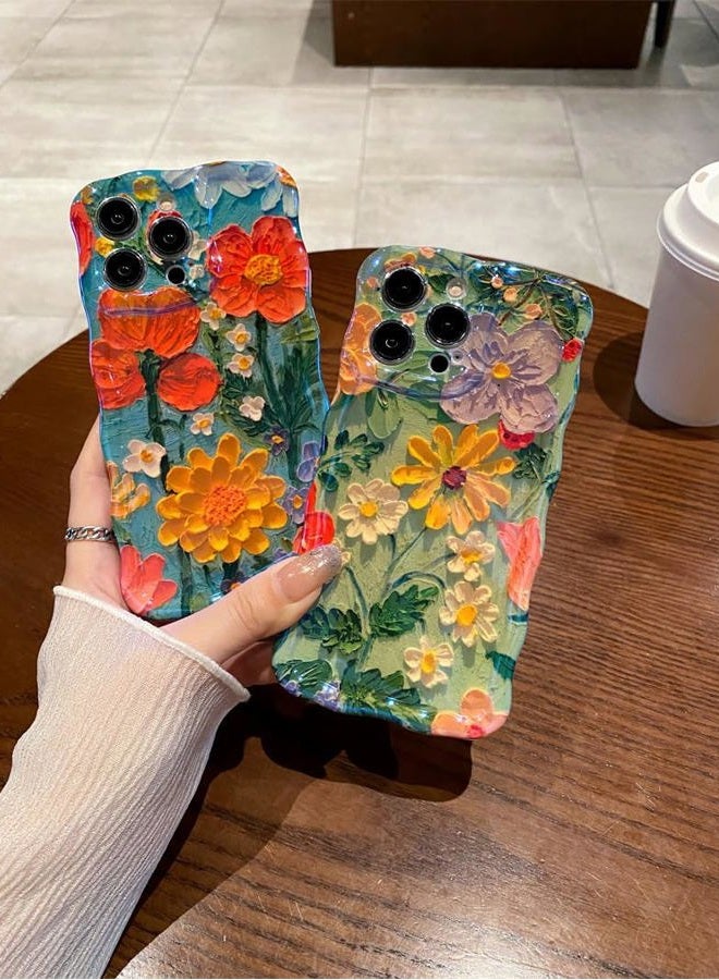 Amytor for iPhone 14 Pro Max Case, Colorful Retro Oil Painting Printed Flower Laser Glossy Pattern Cute Curly Wave Edge Exquisite Phone Cover Stylish Durable TPU Protective Case (Purple Yellow White) - Image 4