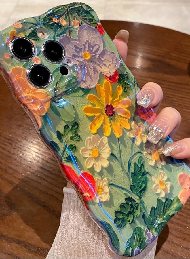 Amytor for iPhone 14 Pro Max Case, Colorful Retro Oil Painting Printed Flower Laser Glossy Pattern Cute Curly Wave Edge Exquisite Phone Cover Stylish Durable TPU Protective Case (Purple Yellow White) - Image 2